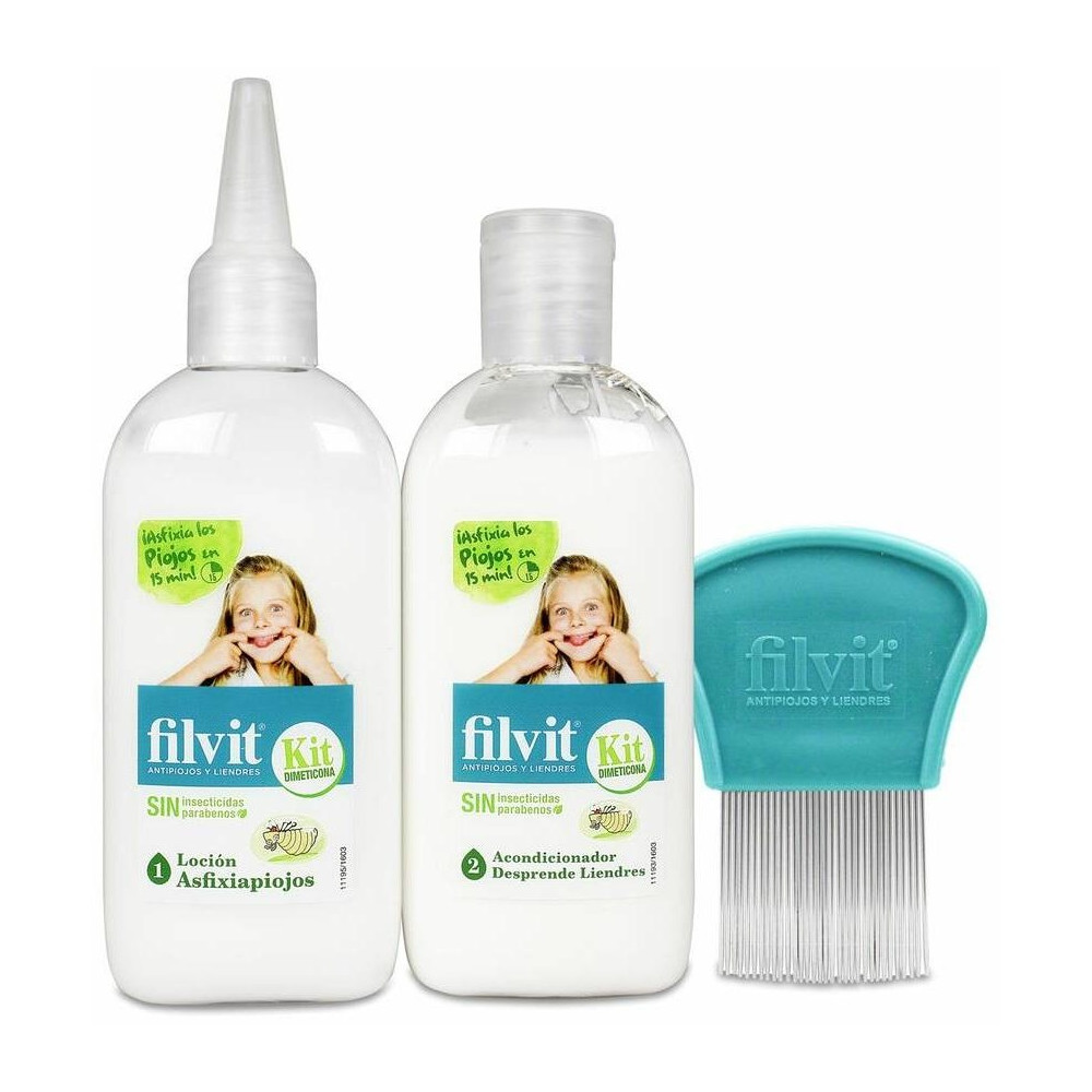 Filvit Kit Antipiojos Loción Dimeticona + Acondicionador + Lendrera, 1 Ud