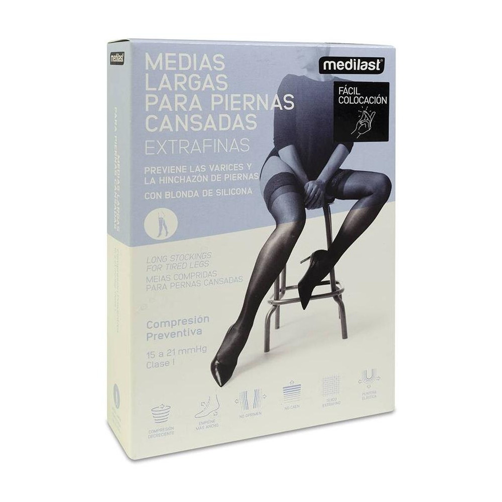 Medilast Medias De Compresión Preventiva Largas Con Blonda Para Piernas Cansadas De Fácil Colocación 421 Negro Talla M, 1 Par