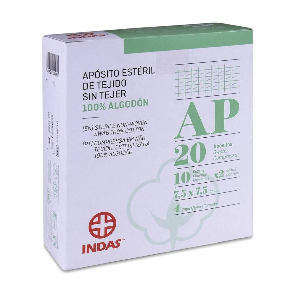 Indas Apósito Estéril Tejido Sin Tejer 100% Algodón 7,5 X 7,5 Cm, 20 Uds