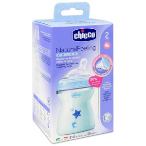 Chicco Biberón Natural Feeling Silicona 2M+ 250 Ml Azul, 1 Ud