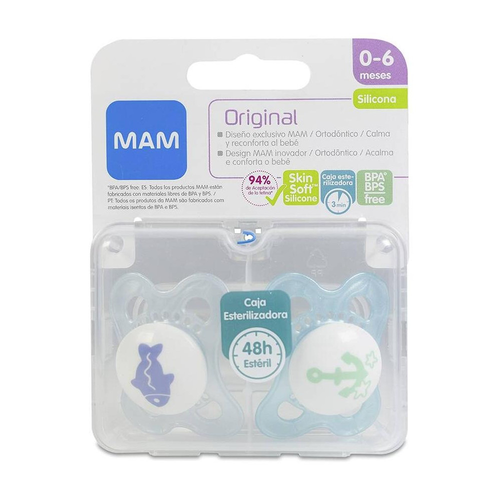 Mam Chupete Original Silicona 0+ Azul, 2 Unidades