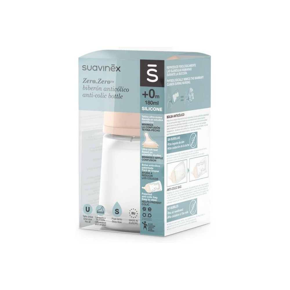 Suavinex Zero Zero Biberón Anticólicos 180 Ml Con Tetina De Flujo Lento, 1 Ud