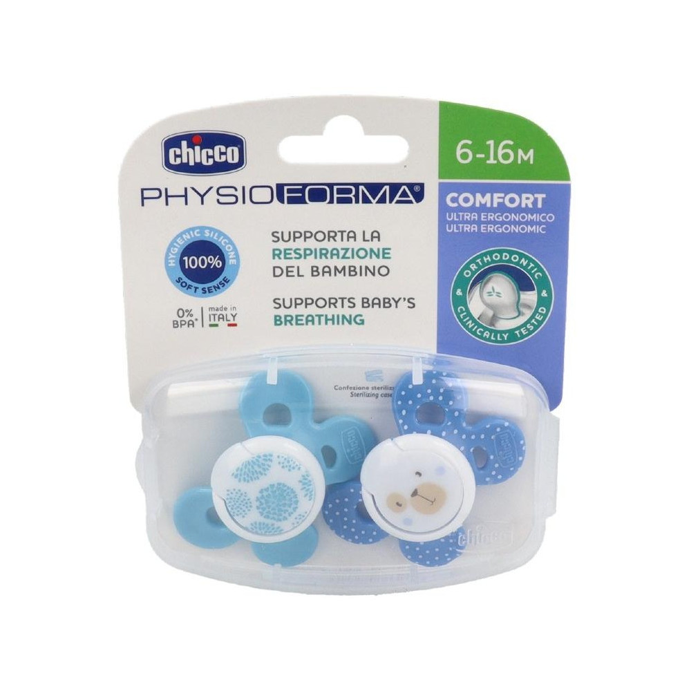 Chicco Physio Comfort Chupete De Silicona De 6-16 Meses Tonos Azules, 2 Unidades