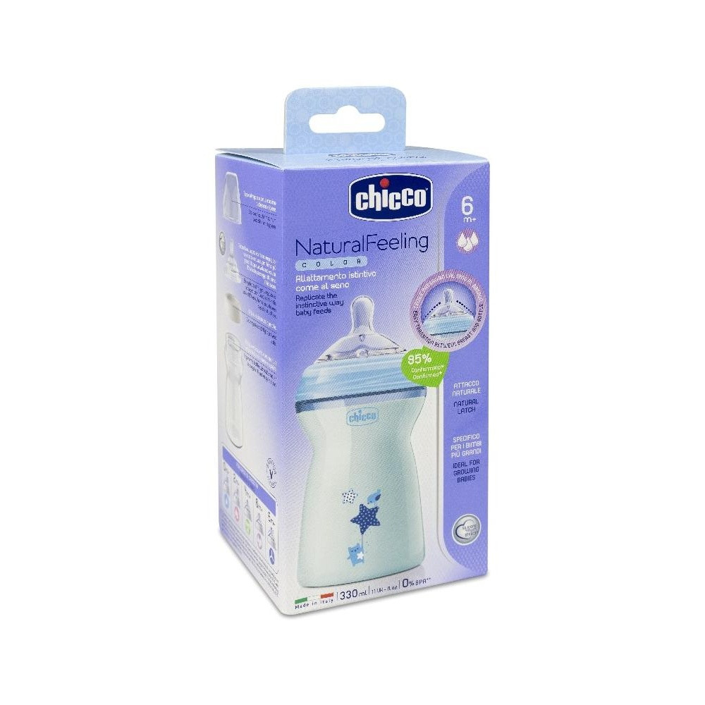 Chicco Natural Feeling Biberón De Plástico +6Meses Tetina Flujo Rápido Color Azul, 330 Ml
