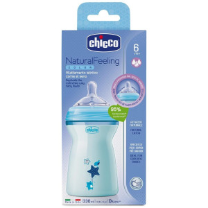 Chicco Natural Feeling Biberón De Plástico +6Meses Tetina Flujo Rápido Color Azul, 330 Ml