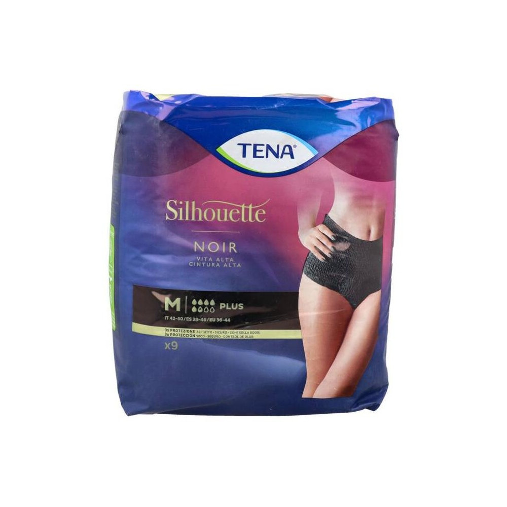 Tena Silhouette Cintura Alta Negro M, 9 Unidades