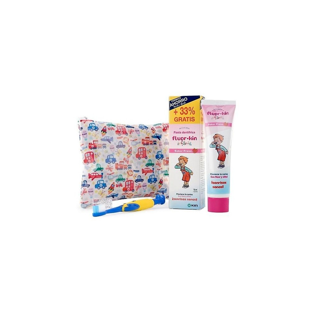 Fluor-Kin Infantil Pack Pasta Dentífrica Fresa 75Ml+25Ml + Cepillo Dental + Neceser