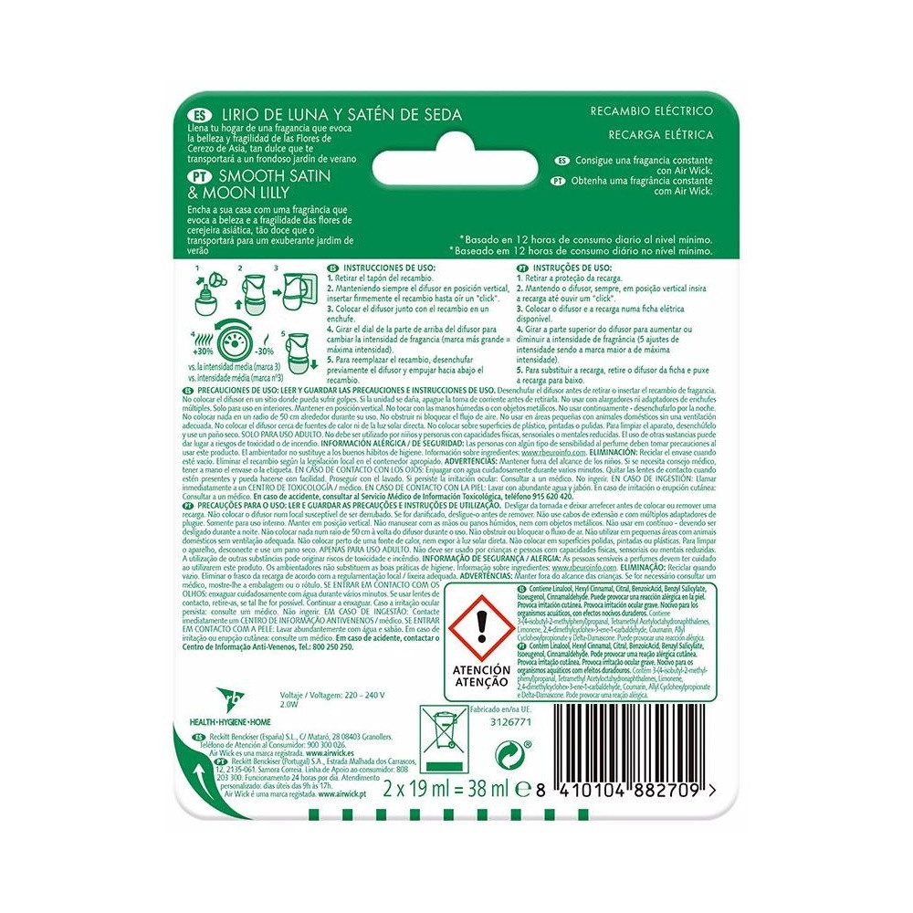 Air-Wick Ambientador Eléctrico Recambio Lirio De Luna Y Satén De Seda 2 X 19 Ml