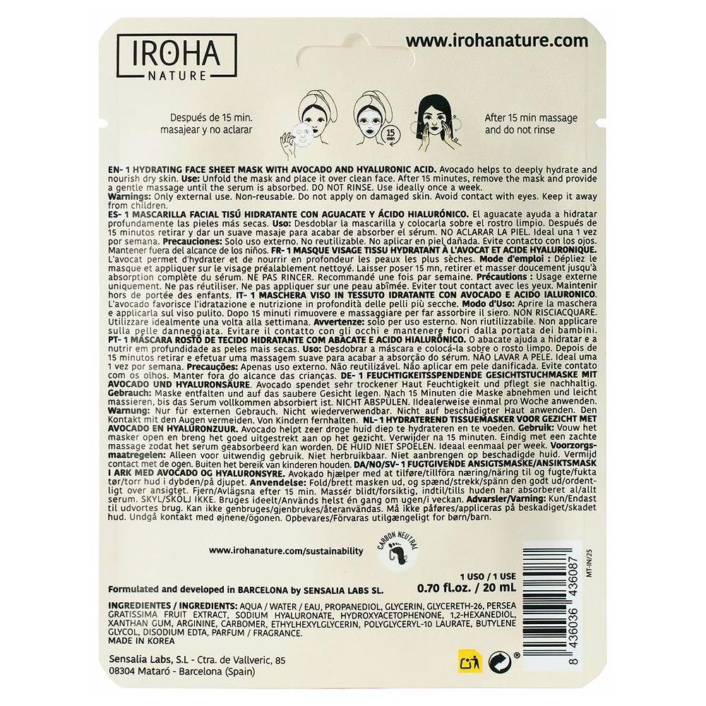 Iroha Nature Mascarilla Facial Tisú Hidratante Aguacate 20Ml