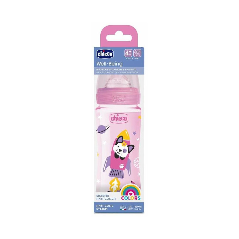 Chicco Biberón Well-Being Silicona 4M+ 330 Ml Rosa, 1 Ud