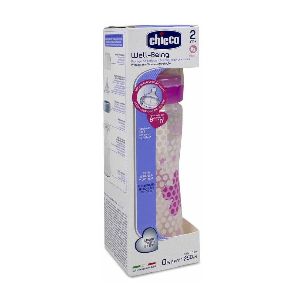 Chicco Biberón Rosa Tetina Silicona Flujo Medio 2M+ 250Ml