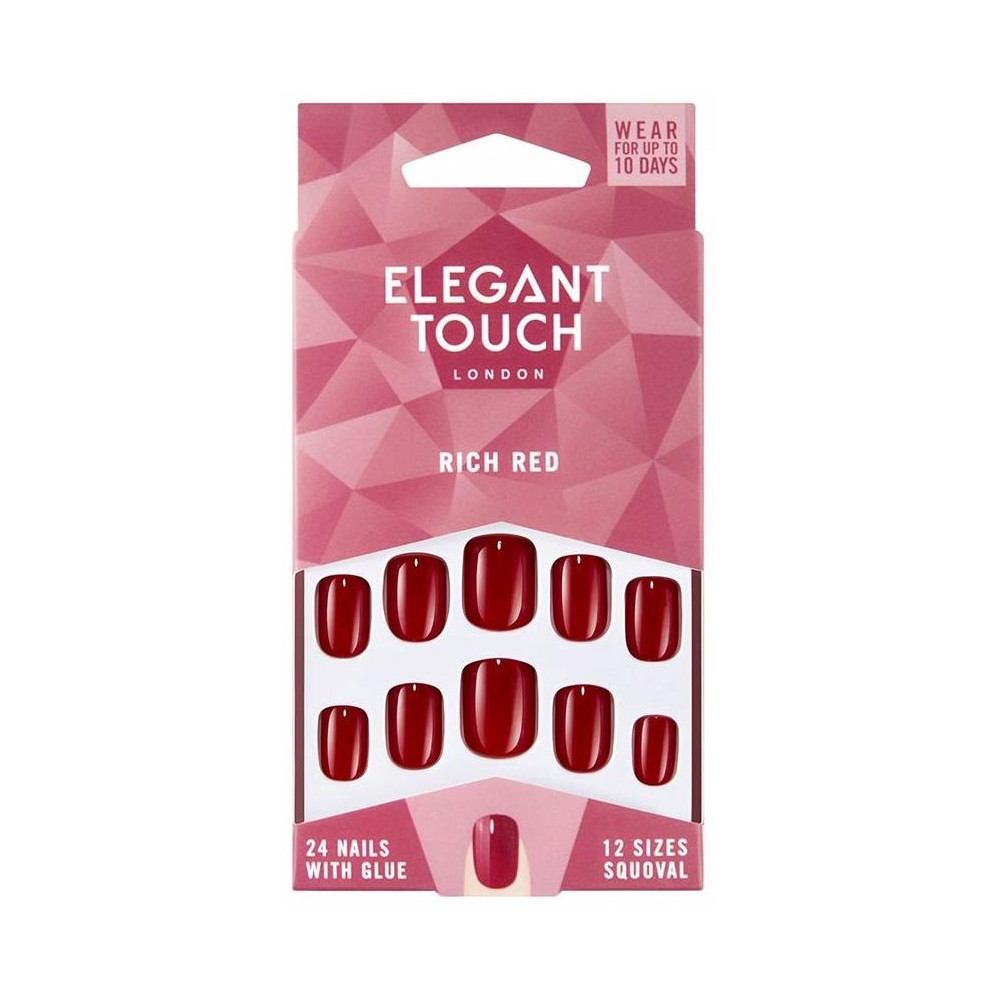 Elegant Touch Polished Colour Nails Glue Squoval Rich Red 24Uds